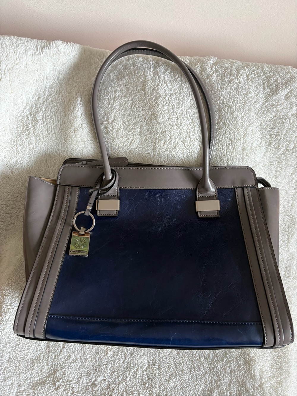 Two-Tone Navy and Taupe Leather Tote Bag - Designer Style